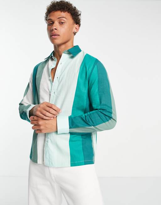River Island - Camicia testurizzata a righe con maniche lunghe verde