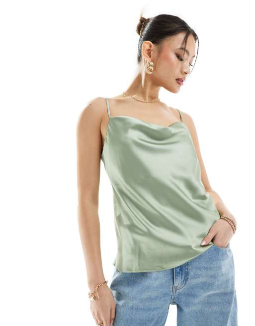 River Island – Camisole-Oberteil in Khaki mit Wasserfallausschnitt