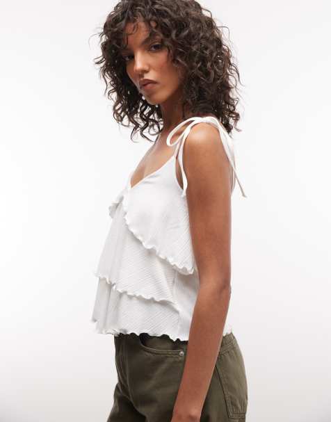River Island – Camisole-Oberteil in Weiß mit Rüschendetail - view 1