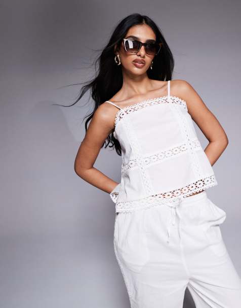 River Island - Camitop met kanten inzetstuk in wit, deel van co-ord set - view 1