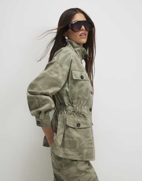 River Island Camo print funnel neck denim jacket in khaki - view 1