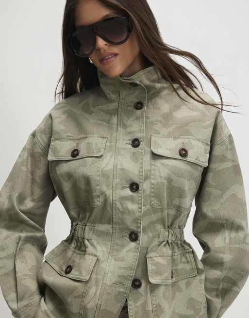 River Island Camo print funnel neck denim jacket in khaki, 2 of 4