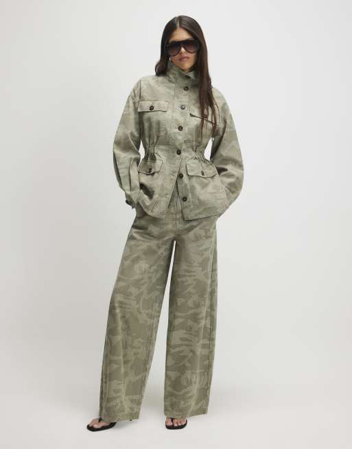 River Island Camo print funnel neck denim jacket in khaki, 3 of 4
