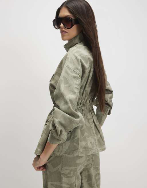 River Island Camo print funnel neck denim jacket in khaki, 4 of 4