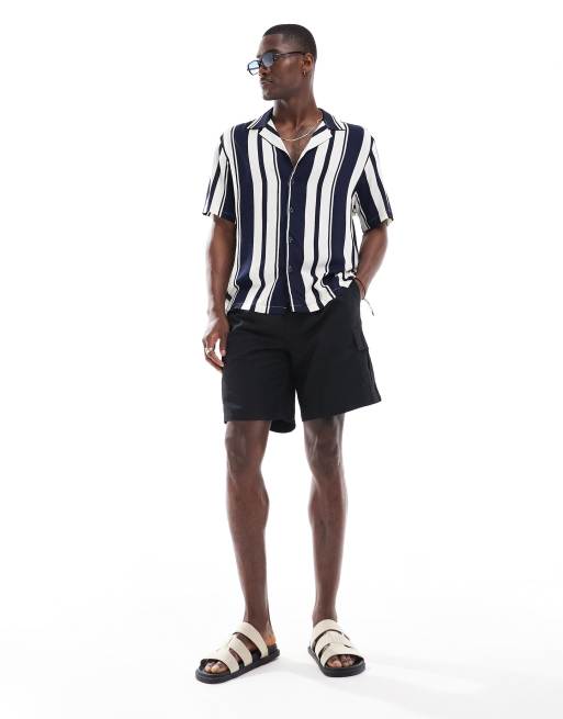 River Island camp collar swim shirt in navy stripe - part of a set, 3 of 4