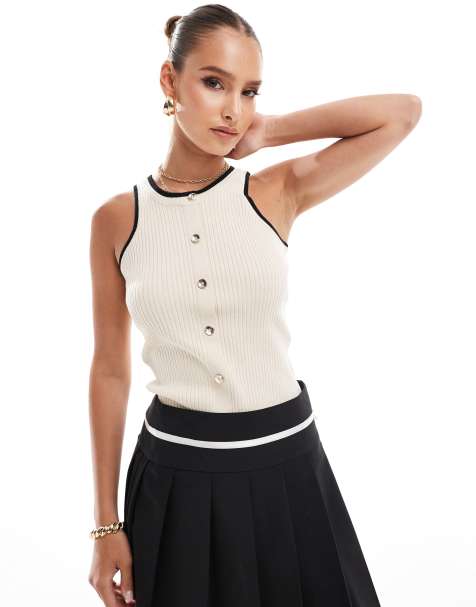 River Island - Canotta in maglia color crema con bottoni - view 1