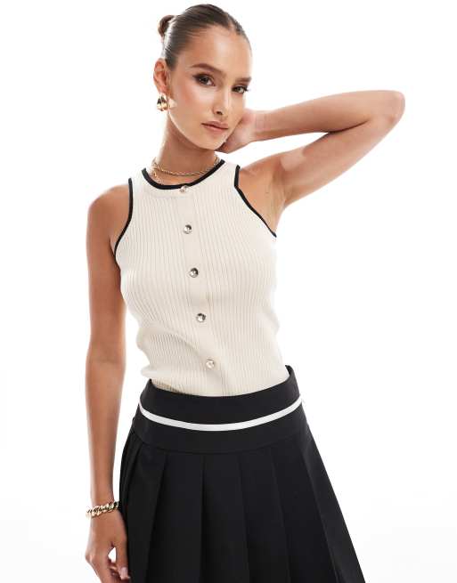 River Island - Canotta in maglia color crema con bottoni