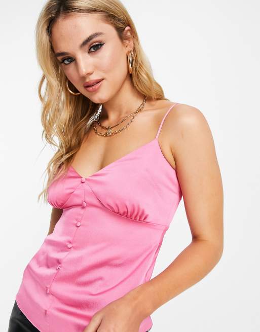 River Island - Canotta in raso rosa con bottoni sul davanti