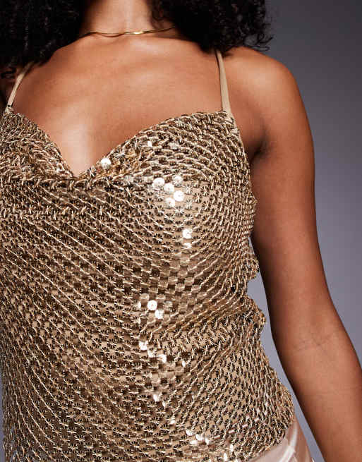 River Island - Canottiera drappeggiata color oro con paillettes, 3 di 4