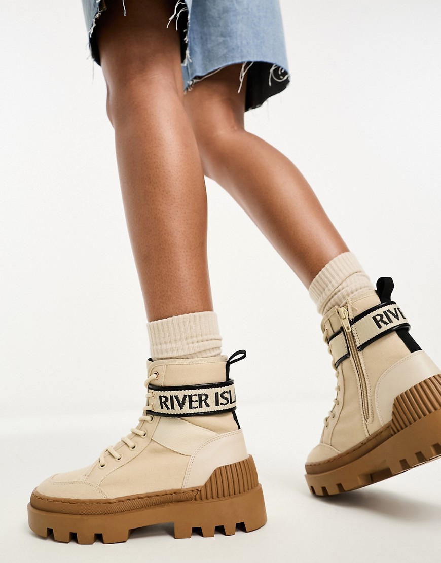 River Island Canvas Boot With Logo In Beige-neutral