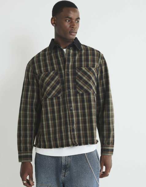 River Island Canvas collar check overshirt in brown - view 1