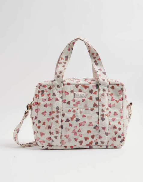 River Island Canvas heart print holdall bag in cream - view 1