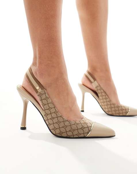 River Island Canvas monogram heeled pumps in beige - view 1