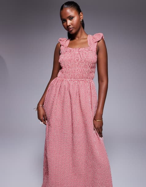 River Island cap sleeve gingham shirred midi dress in red - view 1