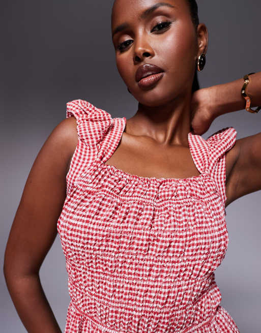 River Island cap sleeve gingham shirred midi dress in red
