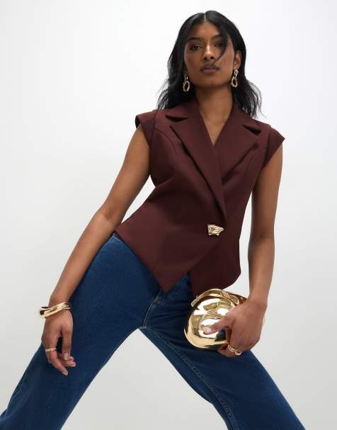 River Island Cap sleeve twill waistcoat in brown - dark - view 1