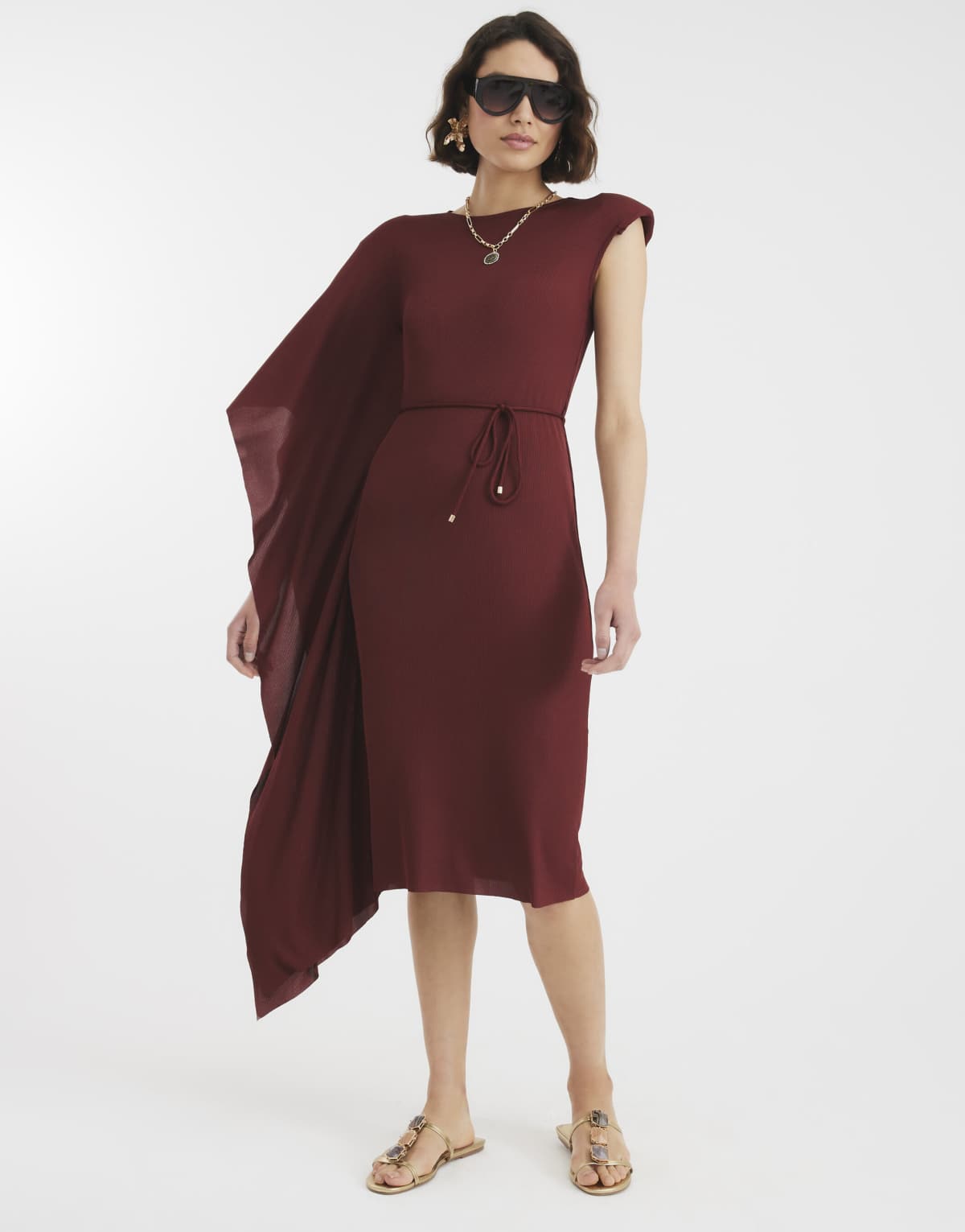 River Island Cape ribbed belted midi dress in rust