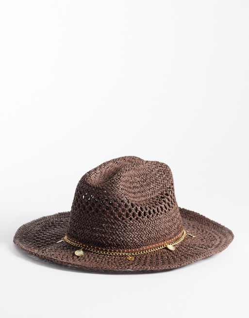 River Island - Cappello di paglia marrone con dettaglio a moneta