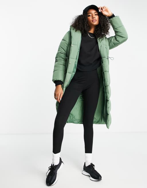River Island - Cappotto imbottito lungo con collo sciallato, colore salvia
