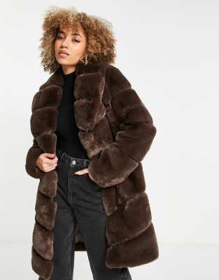 River Island - Cappotto oversize taglio lungo in pelliccia sintetica, colore marrone