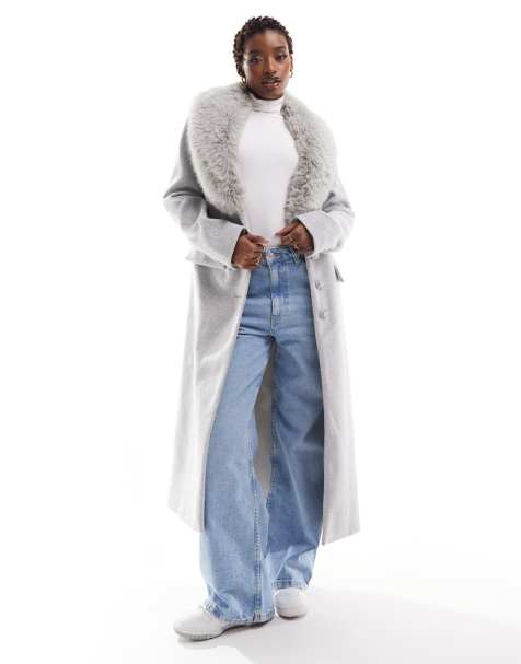 River Island - Cappotto sartoriale grigio chiaro con colletto in pelliccia sintetica - view 1