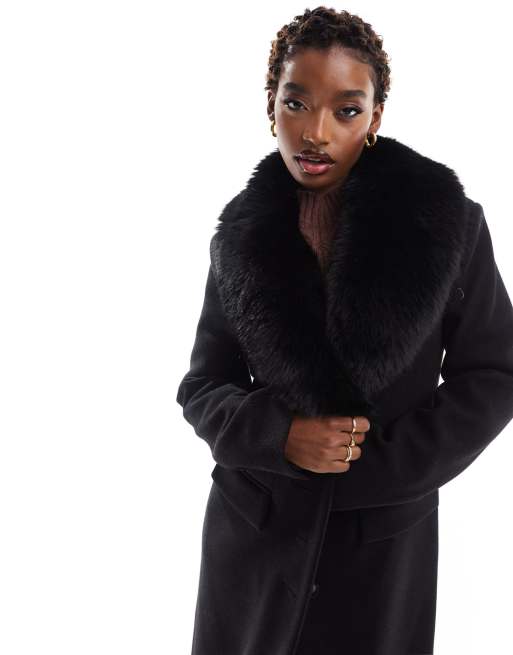 River Island - Cappotto sartoriale nero con colletto in pelliccia sintetica, 2 di 4