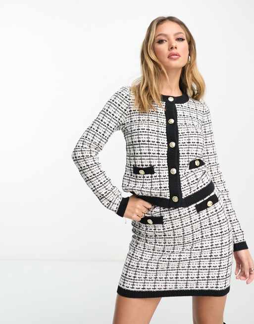 River Island - Cardigan color crema in bouclé a quadri in coordinato