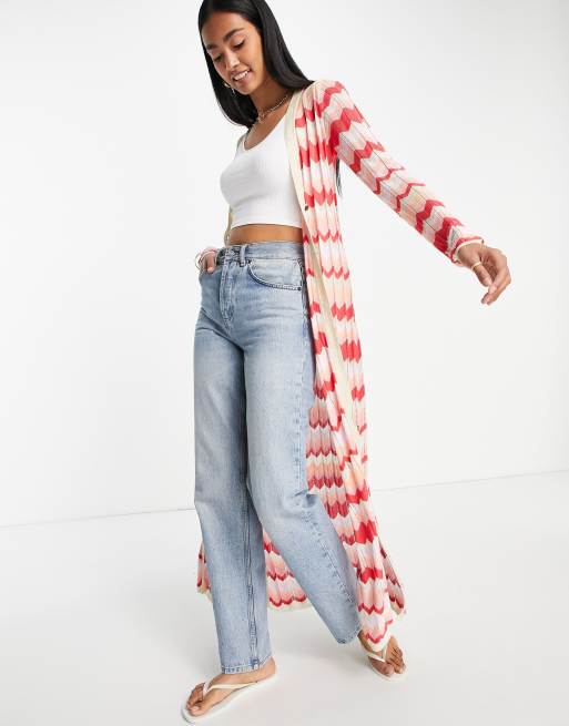 River Island - Cardigan lungo con motivo a spina di pesce, colore rosa