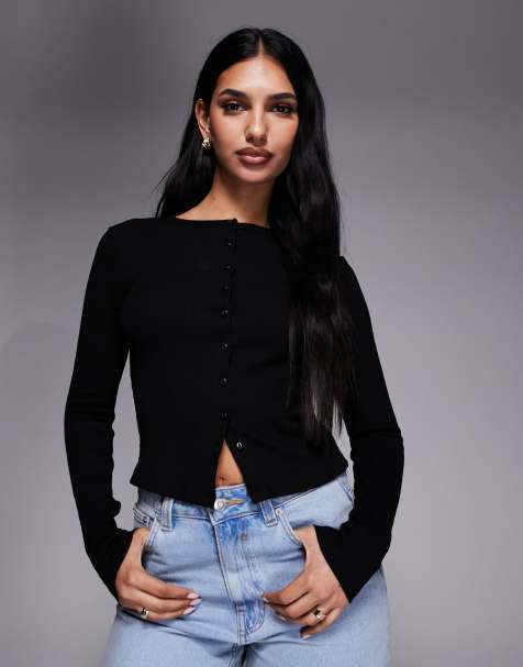 River Island - Cardigan nero a coste con bottoni - view 1