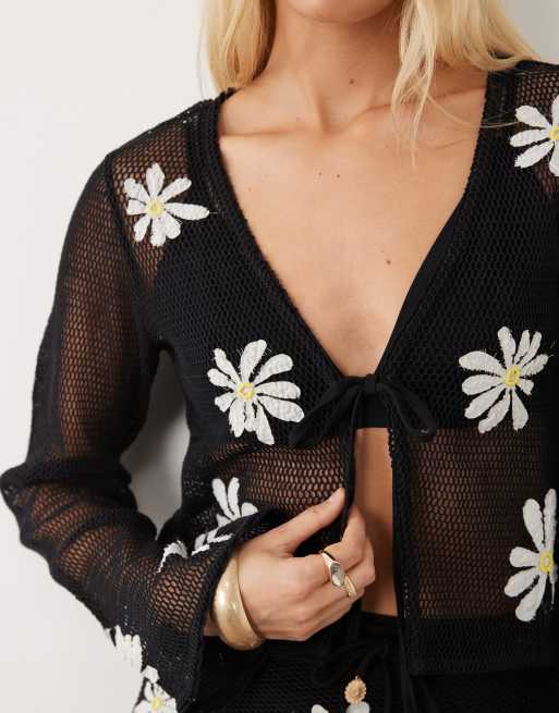 River Island - Cardigan nero con motivo all'uncinetto e margherite in coordinato , 4 di 4