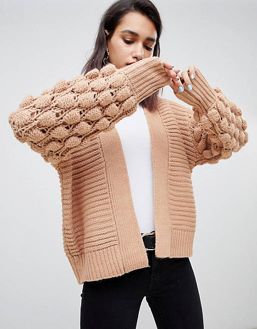 River Island cardigan with bobble sleeves in camel