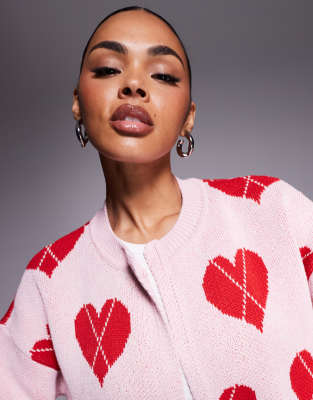 River Island Cardigan With Red Hearts In Pink