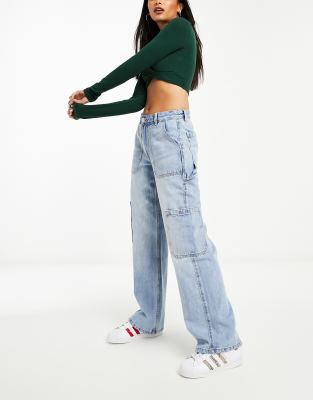 River Island - Cargo-Jeans in Mittelblau mit weitem Schnitt