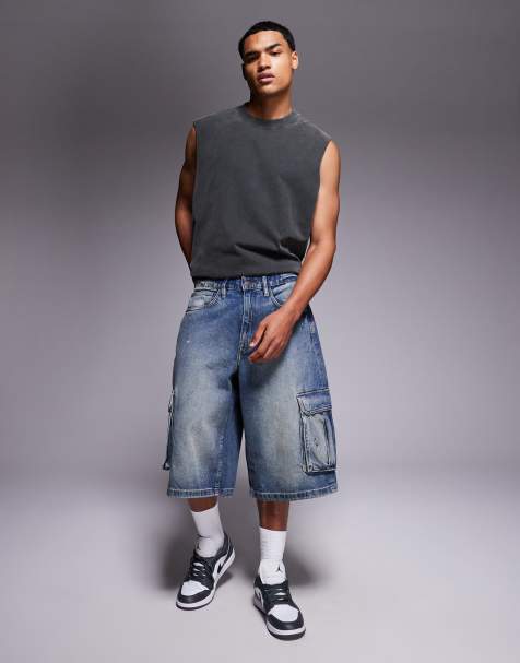 River Island cargo jorts in midwash blue - view 1