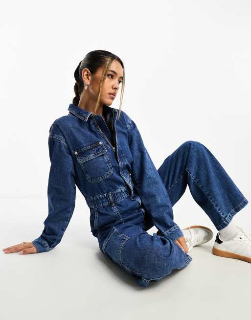 River Island - Cargo-overall met lange mouwen in donker denim