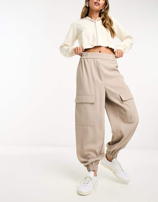 Women's Wide Leg Cargo Trousers With Elasticated Waist Beige –