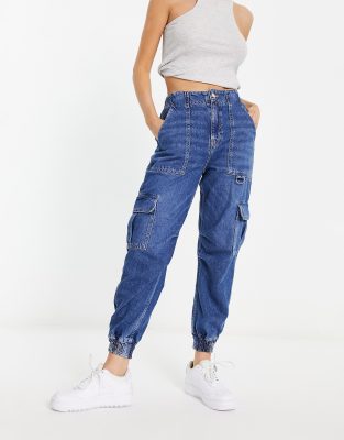 River Island - Cargohose aus Denim in Blau mit Taschendetail