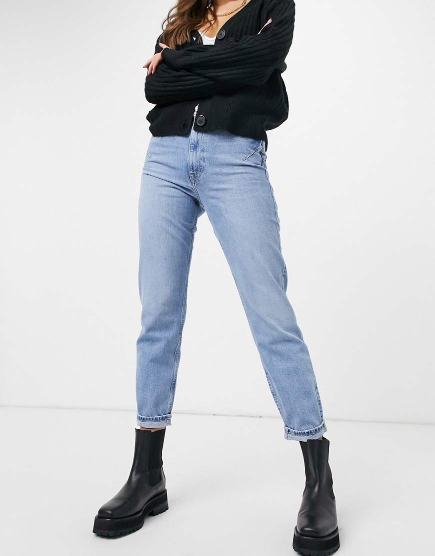 River Island Carrie distressed mom jeans in mid blue-Blues