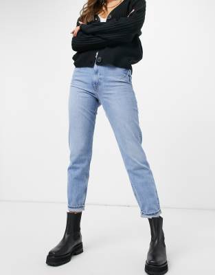 River Island Carrie distressed mom jeans in mid blue
