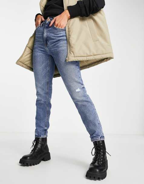 River Island – Carrie – Mom-Jeans in Mittelblau mit hohem Bund - view 1