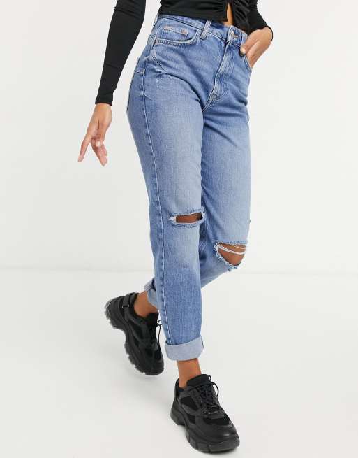 River Island - Carrie - Mom jeans met gescheurde knie in light auth blue