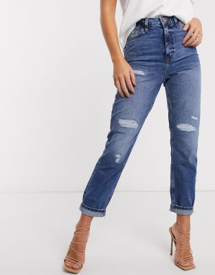 mid blue ripped mom jeans