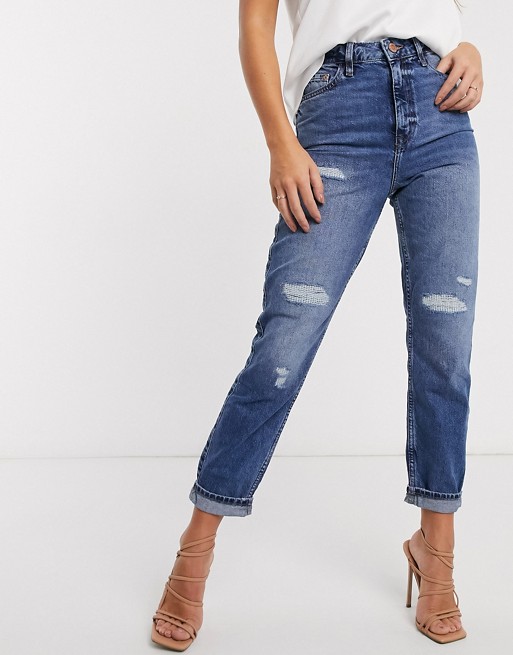 River Island Carrie ripped high rise mom jeans in mid auth blue