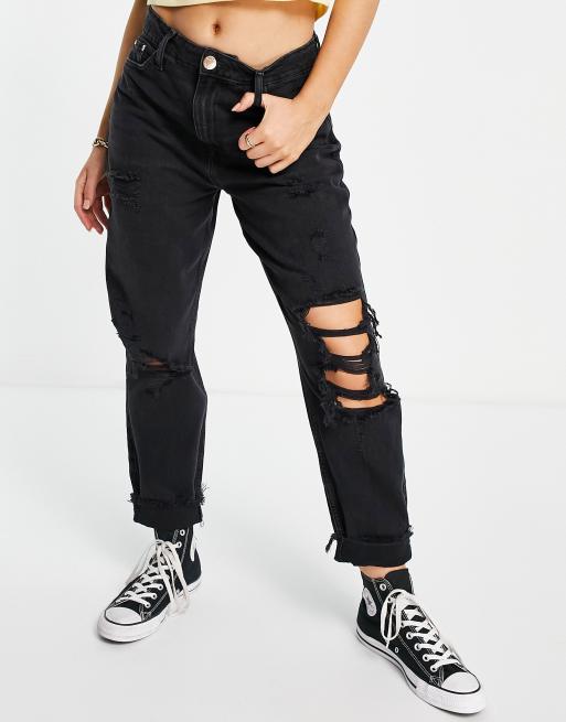 River Island Carrie ripped knee mom jeans in black | ASOS