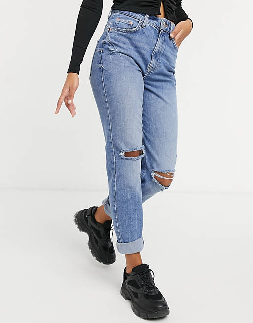 Women River Island Carrie ripped knee mom jeans in light auth blue 