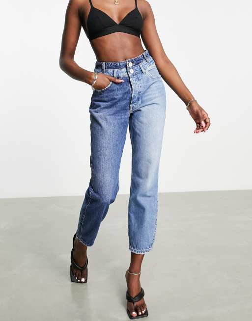 River Island Carrie - Tweekleurige mom jeans met hoge taille in blauw, 4 van 4