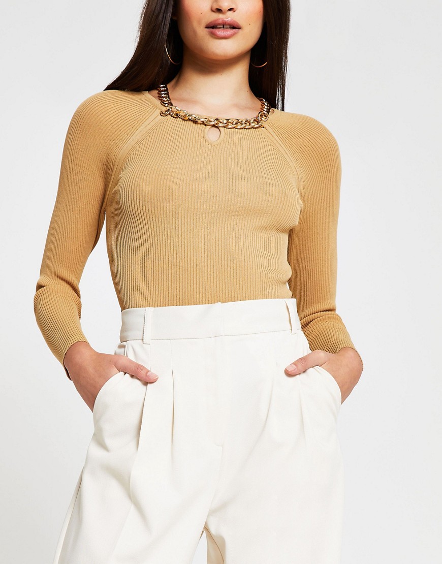 River Island chain choker ribbed long sleeve top in camel-Brown