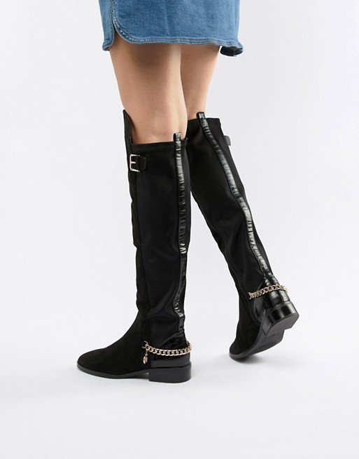 River Island chain detail knee high flat boots in black | ASOS