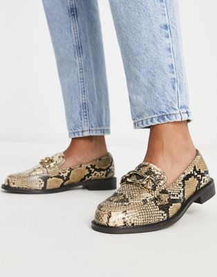 River Island chain detail snake print loafer in beige