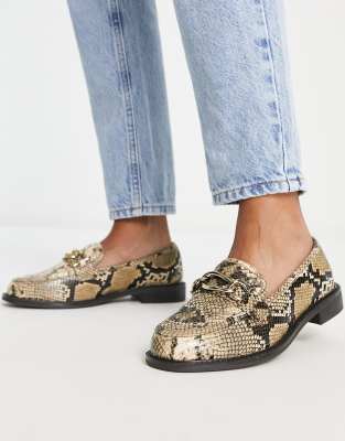 River Island chain detail snake print loafer in beige